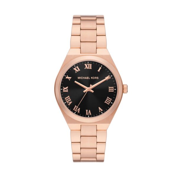 Michael Kors Lennox rose gold women's watch with black dial and Roman numeral markers
