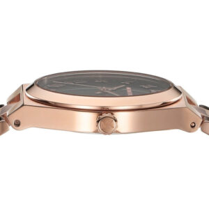 Side profile of rose gold watch case showing crown and bracelet links