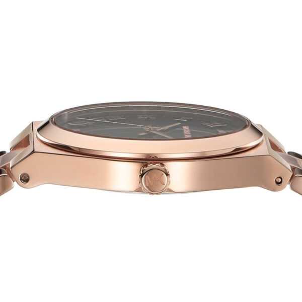 Side profile of rose gold watch case showing crown and bracelet links