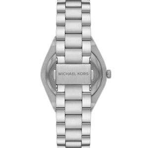 Caseback of Michael Kors Lennox MK7393 with Michael Kors engraving and stainless steel bracelet