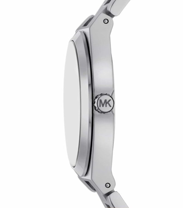 Side profile of Michael Kors Lennox MK7393 showing silver-tone case and bracelet