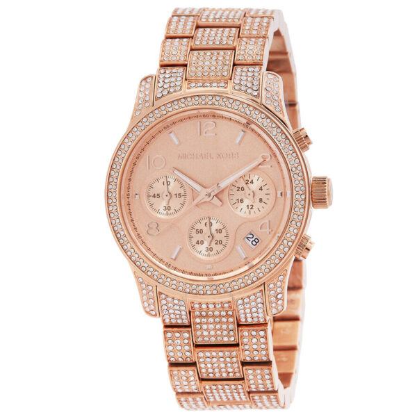 Michael Kors Lennox rose gold chronograph watch with crystal bezel and dial