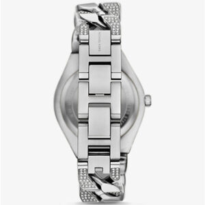 Michael Kors Lennox watch case back view with pavé and curb-link bracelet