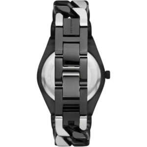 Back view of Michael Kors Lennox watch displaying case back and adjustable two-tone link bracelet