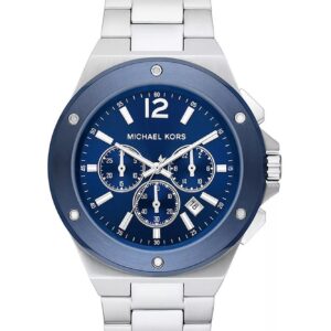 Michael Kors Lennox Chronograph watch with blue dial, three subdials and silver stainless steel bracelet