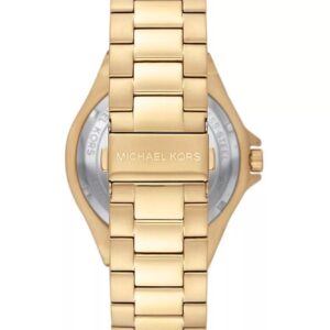 Back view of Michael Kors Lennox gold-tone watch with metal caseback and bracelet