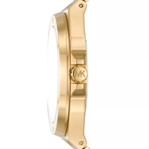 Side profile of Michael Kors Lennox gold-tone watch showing round case and link bracelet