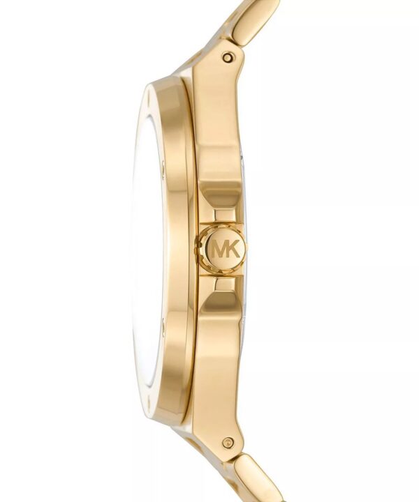 Side profile of Michael Kors Lennox gold-tone watch showing round case and link bracelet