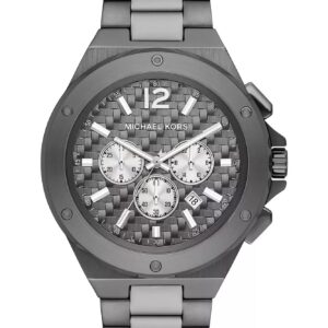 Michael Kors Lennox gunmetal chronograph watch with three subdials and textured dial