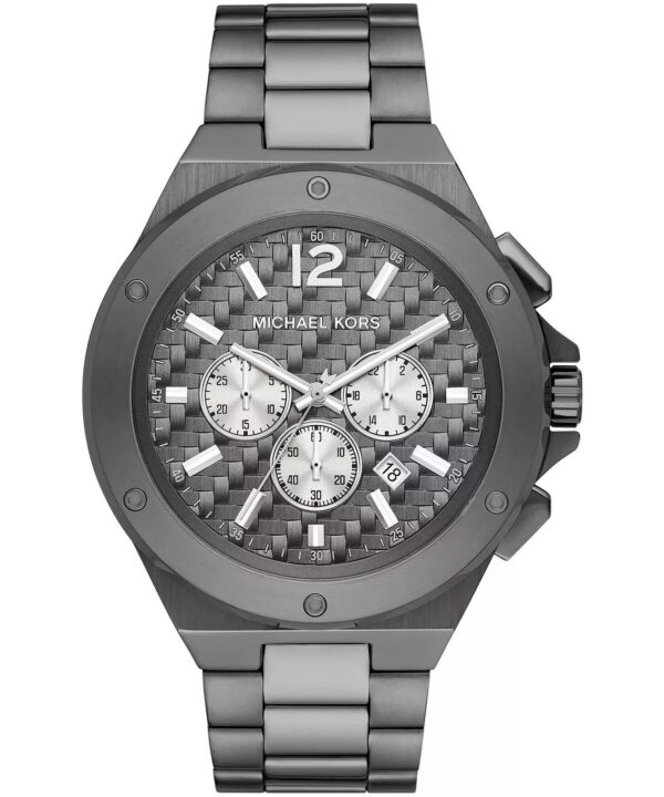 Michael Kors Lennox gunmetal chronograph watch with three subdials and textured dial
