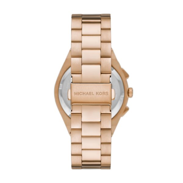 Michael Kors Lennox MK9119 caseback showing rose gold-tone case and bracelet strap detail