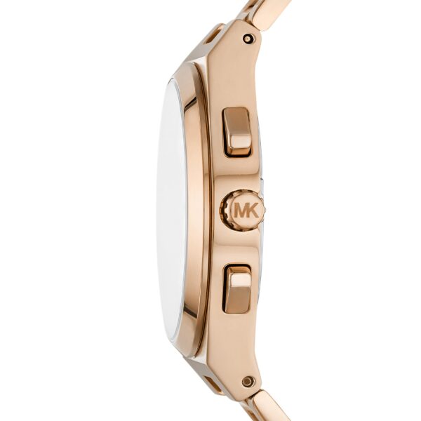 Michael Kors Lennox MK9119 side view showing rose gold-tone case and crown with chronograph pushers