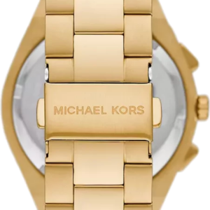 Michael Kors Lennox watch caseback detail showing gold-tone stainless steel case