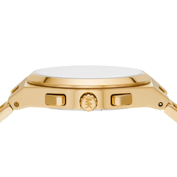 Michael Kors Lennox watch side view showing gold-tone case and link bracelet