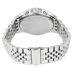 Michael Kors Lexington Chronograph caseback showing stainless steel case back and metal link bracelet from rear view