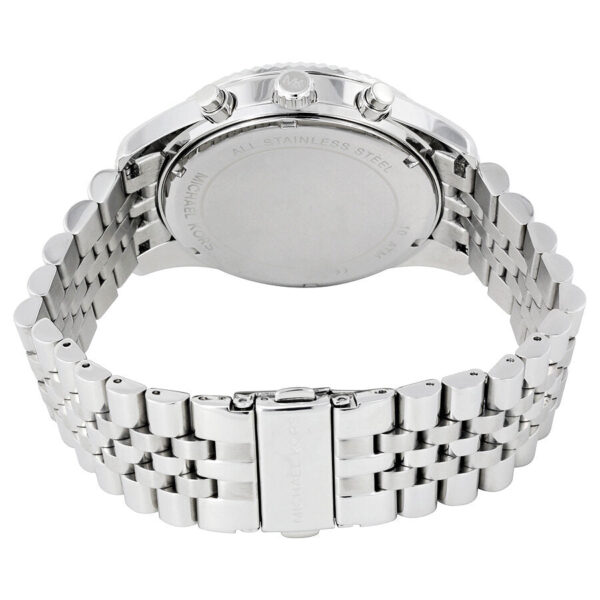 Michael Kors Lexington Chronograph caseback showing stainless steel case back and metal link bracelet from rear view