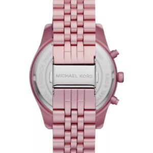 Michael Kors Lexington Chronograph caseback showing pink aluminum case with logo and bracelet