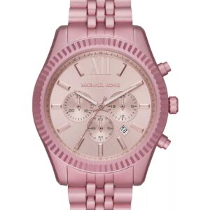 Michael Kors Lexington Chronograph pink aluminum watch with Roman numeral dial and chronograph subdials