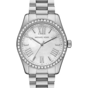 Michael Kors Lexington Crystals women's watch with white dial, crystal bezel, and silver steel bracelet