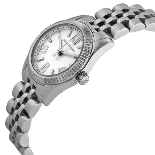 Michael Kors Lexington Mini watch angled side view showing white dial and stainless steel bracelet