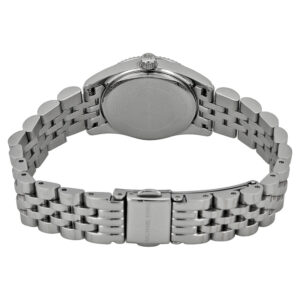 Michael Kors Lexington Mini watch caseback showing stainless steel case with metal bracelet and clasp