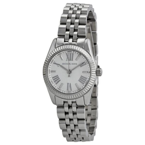 Michael Kors Lexington Mini silver women's watch with white dial and crystal bezel, stainless steel bracelet