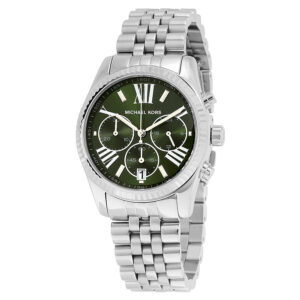 Michael Kors Lexington chronograph green dial watch with silver stainless steel bracelet and Roman numeral markers