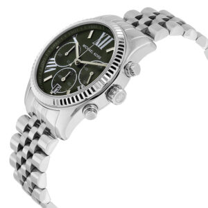 Michael Kors Lexington chronograph green dial watch angled view showing stainless steel case and bracelet profile