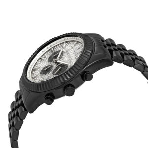 Angled view of Michael Kors Lexington chronograph watch showing case and black metal bracelet