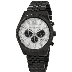 Michael Kors Lexington chronograph men's watch with silver pave dial and black chronograph subdials