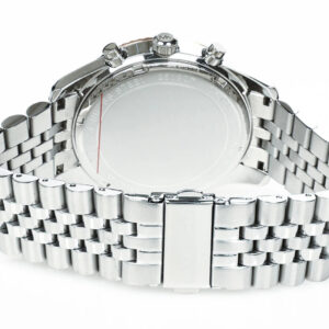Back view of Michael Kors Lexington chronograph watch with stainless steel bracelet
