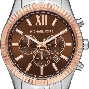 Michael Kors Lexington chronograph watch with amber dial, rose gold bezel, and silver steel bracelet