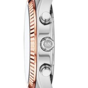 Side view of Michael Kors Lexington watch showing rose gold bezel and MK logo on case