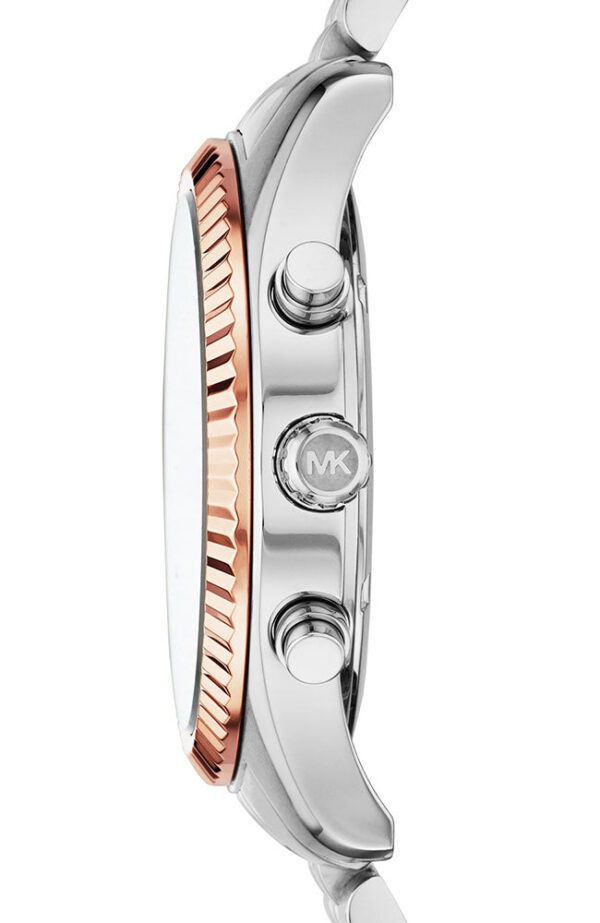 Side view of Michael Kors Lexington watch showing rose gold bezel and MK logo on case