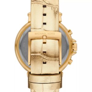 Michael Kors Maren watch caseback with gold tone case and leather strap