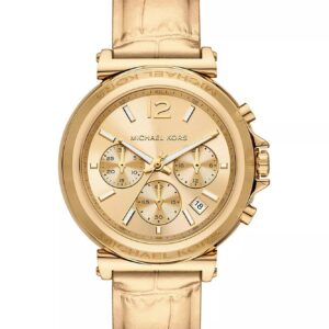 Michael Kors Maren gold chronograph watch with champagne dial and leather strap