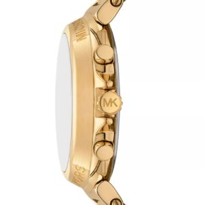 Michael Kors Maren watch side profile showing gold case and leather strap