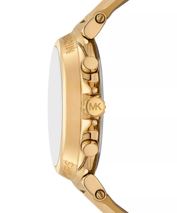 Michael Kors Maren watch side profile showing gold case and leather strap
