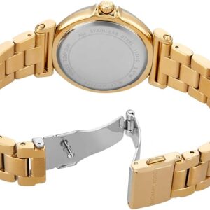 Michael Kors Maren watch caseback view showing gold-tone case and metal bracelet with clasp