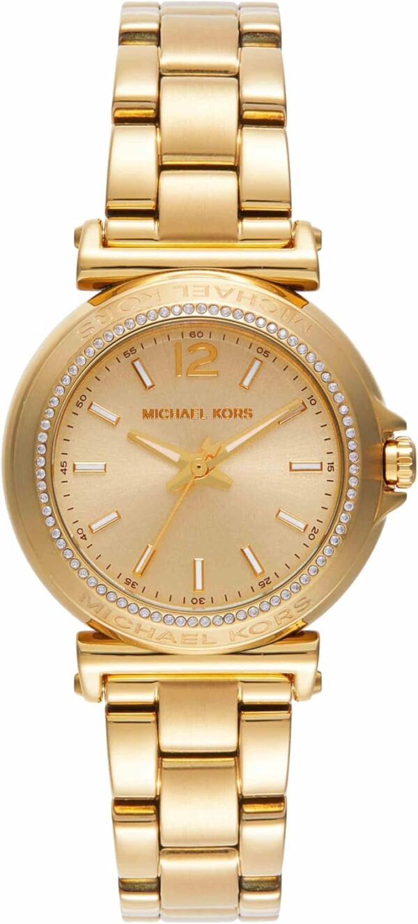 Michael Kors Maren gold-tone women's watch with champagne dial, crystal bezel, and gold bracelet
