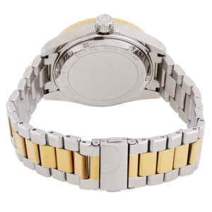 Michael Kors Maritime watch caseback showing two-tone stainless steel and gold-plated bracelet