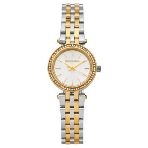 Michael Kors Mini Darci two tone women's watch with silver dial, crystal bezel, and mixed metal bracelet