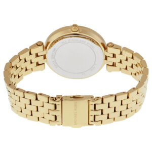 Caseback view of Michael Kors Mini Darci watch with gold bracelet