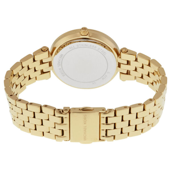 Caseback view of Michael Kors Mini Darci watch with gold bracelet