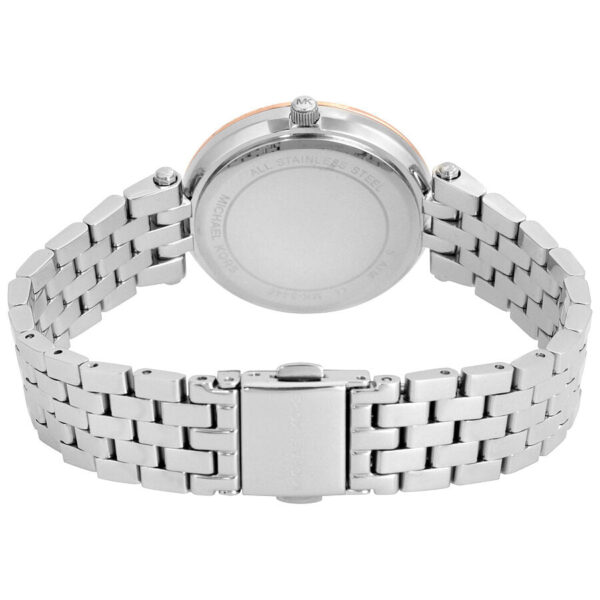 Back case view of Michael Kors Mini Darci watch with silver-tone metal band