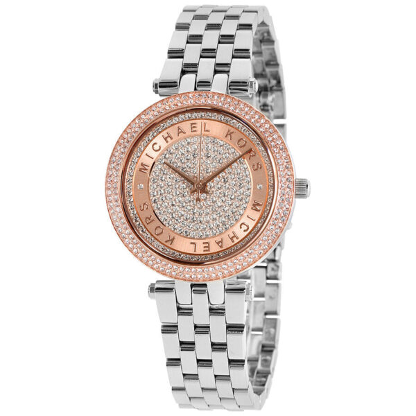 Michael Kors Mini Darci women's watch with rose gold crystal pave dial and silver bracelet