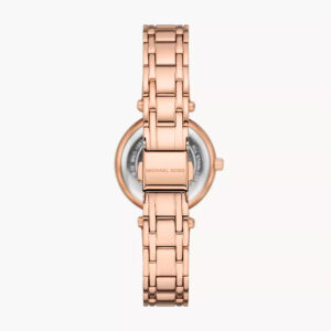 Rose gold women's watch shown from back displaying engraved caseback and bracelet