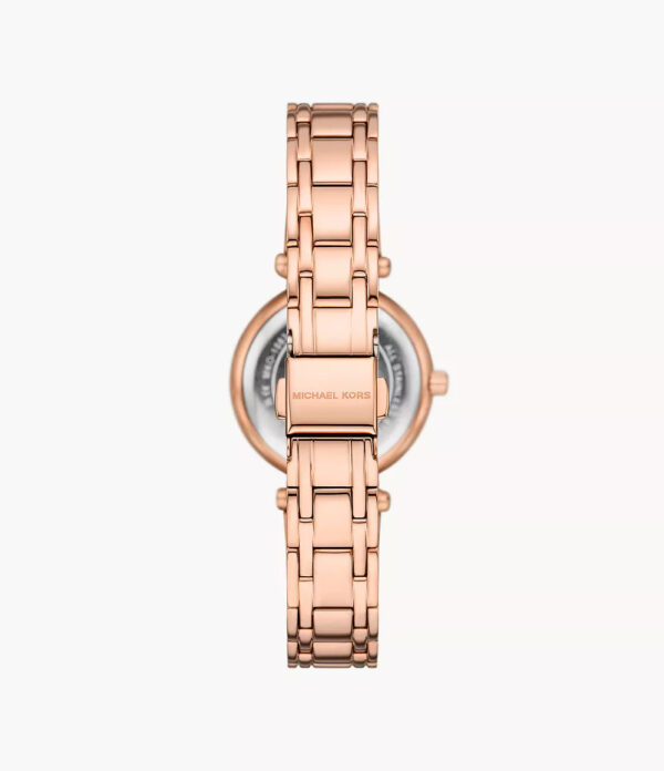Rose gold women's watch shown from back displaying engraved caseback and bracelet