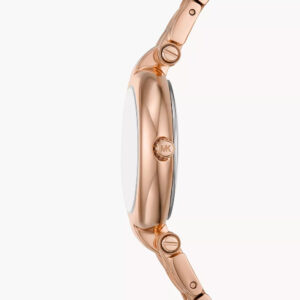 Side profile of rose gold Mini Laney watch showing case thickness and bracelet
