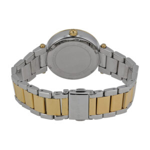 Michael Kors Mini Parker watch caseback showing two-tone steel and gold bracelet